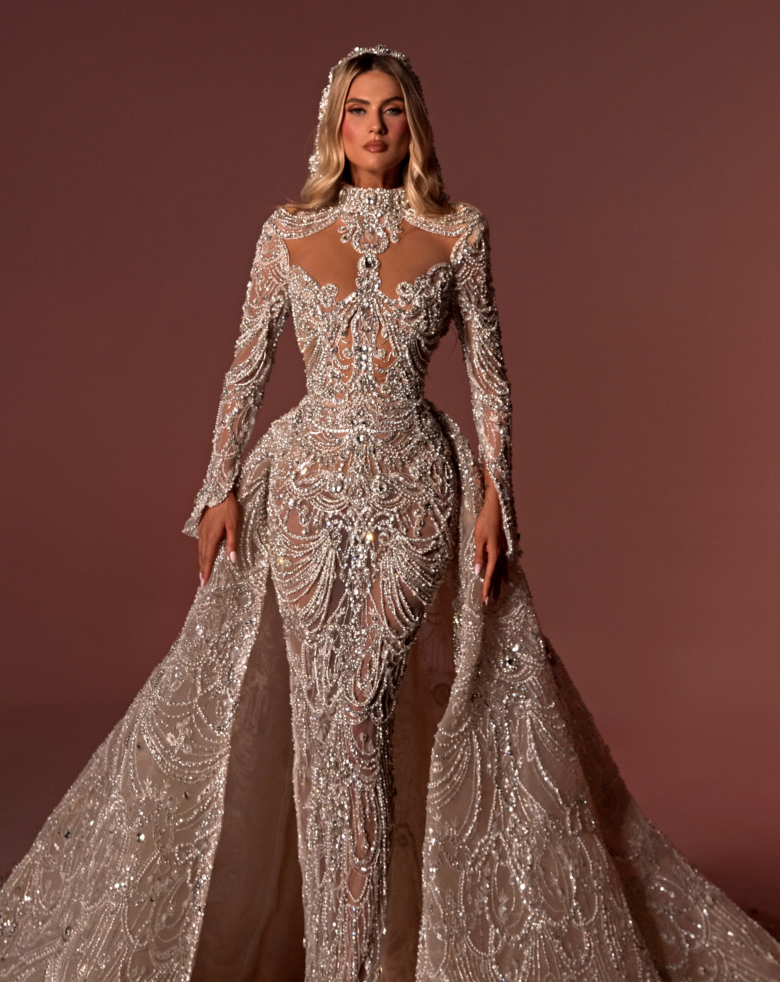 High Neck Embroidered Bridal Dress With Tail - Image 3