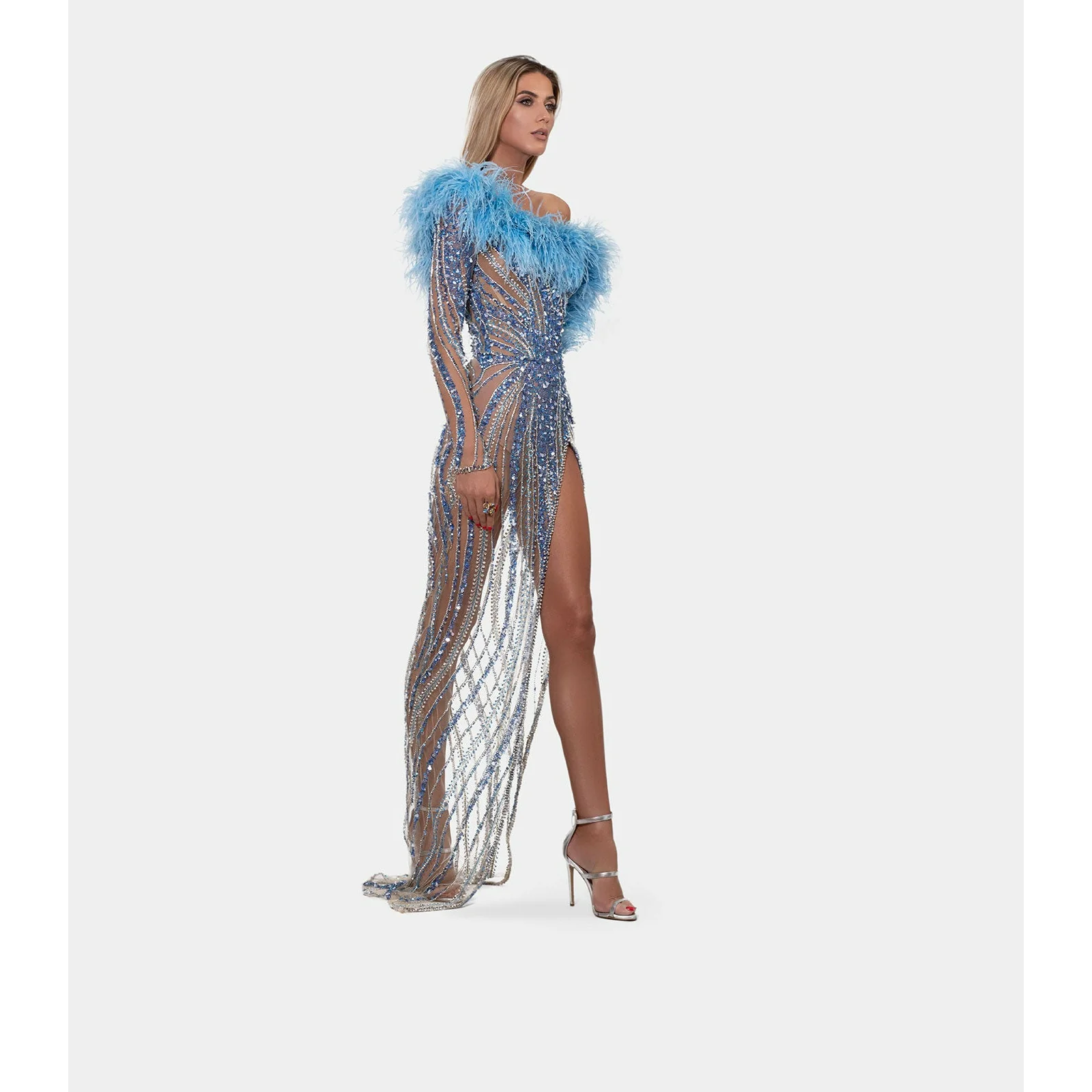 Long Blue one sleeved feathered dress - Image 3