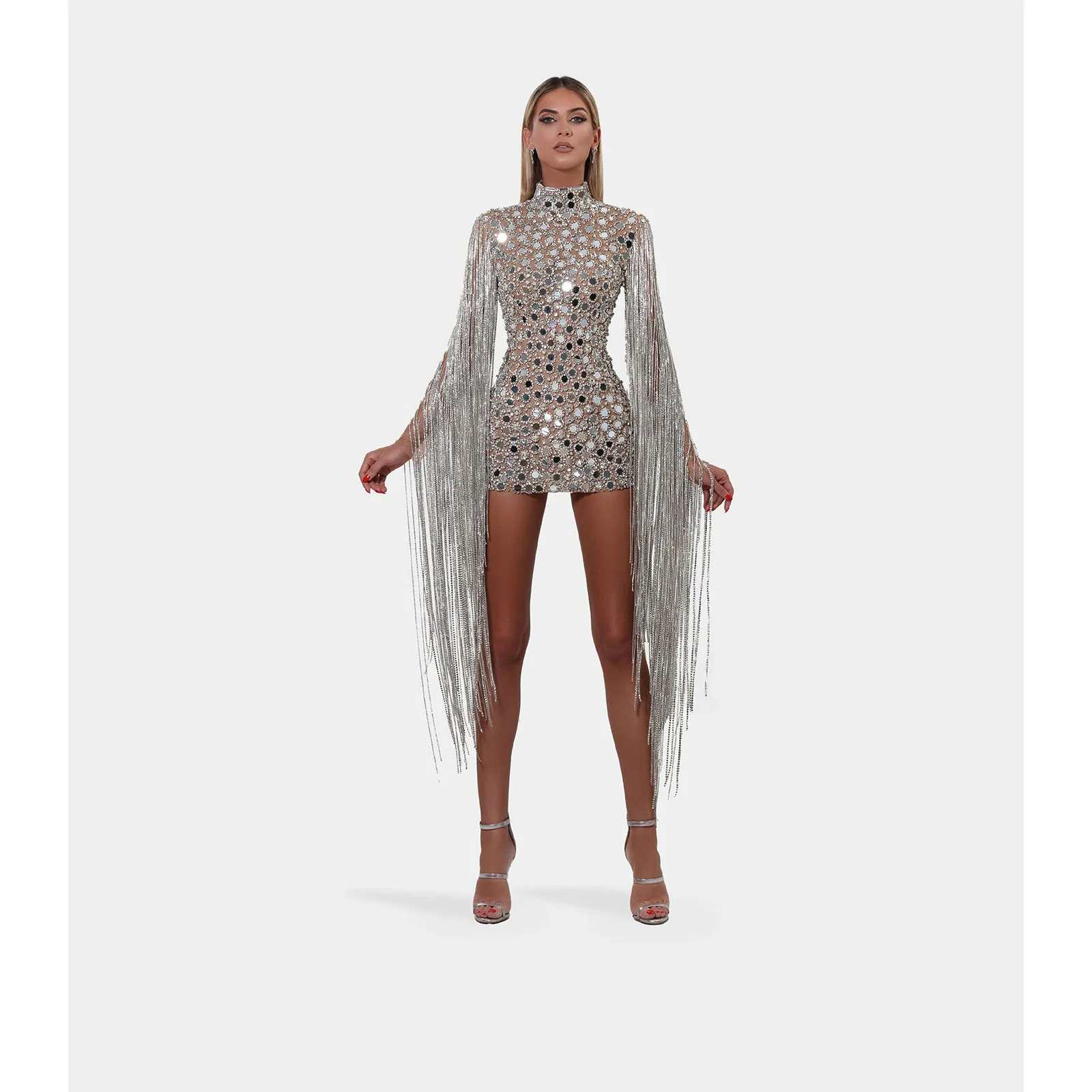 Short mirror silver dress with tassels - Image 3